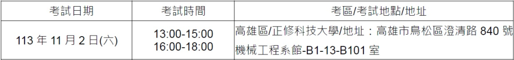 考場時間及地點公告